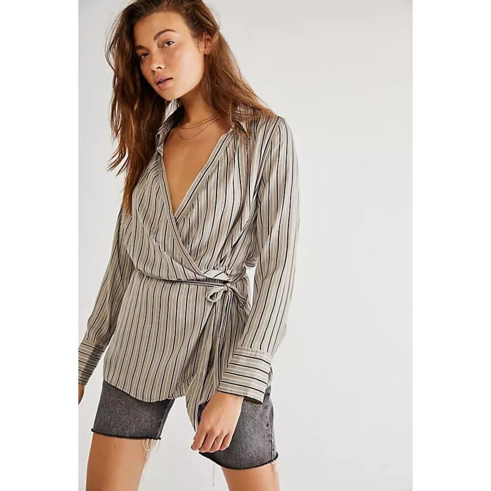 New Free People Striped Arlo Wrap Long Sleeve Collard Top Size M